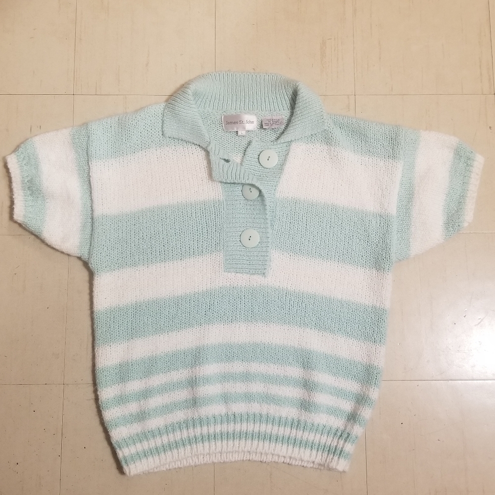 80s Blue and White knit Button Cute Shirt